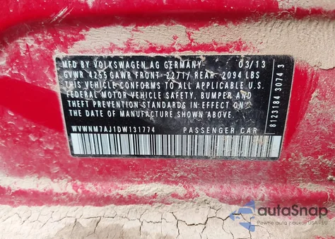 2013 Volkswagen Golf from USA, damaged, VIN WVWNM7AJ1DW131774